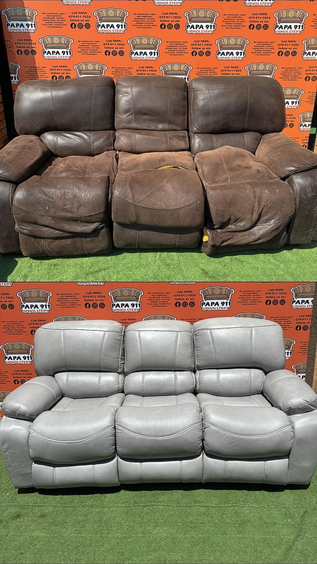 Before and after: worn brown leather three-seater recliner reupholstered to grey leather by Papa911 Upholstery, Alberton