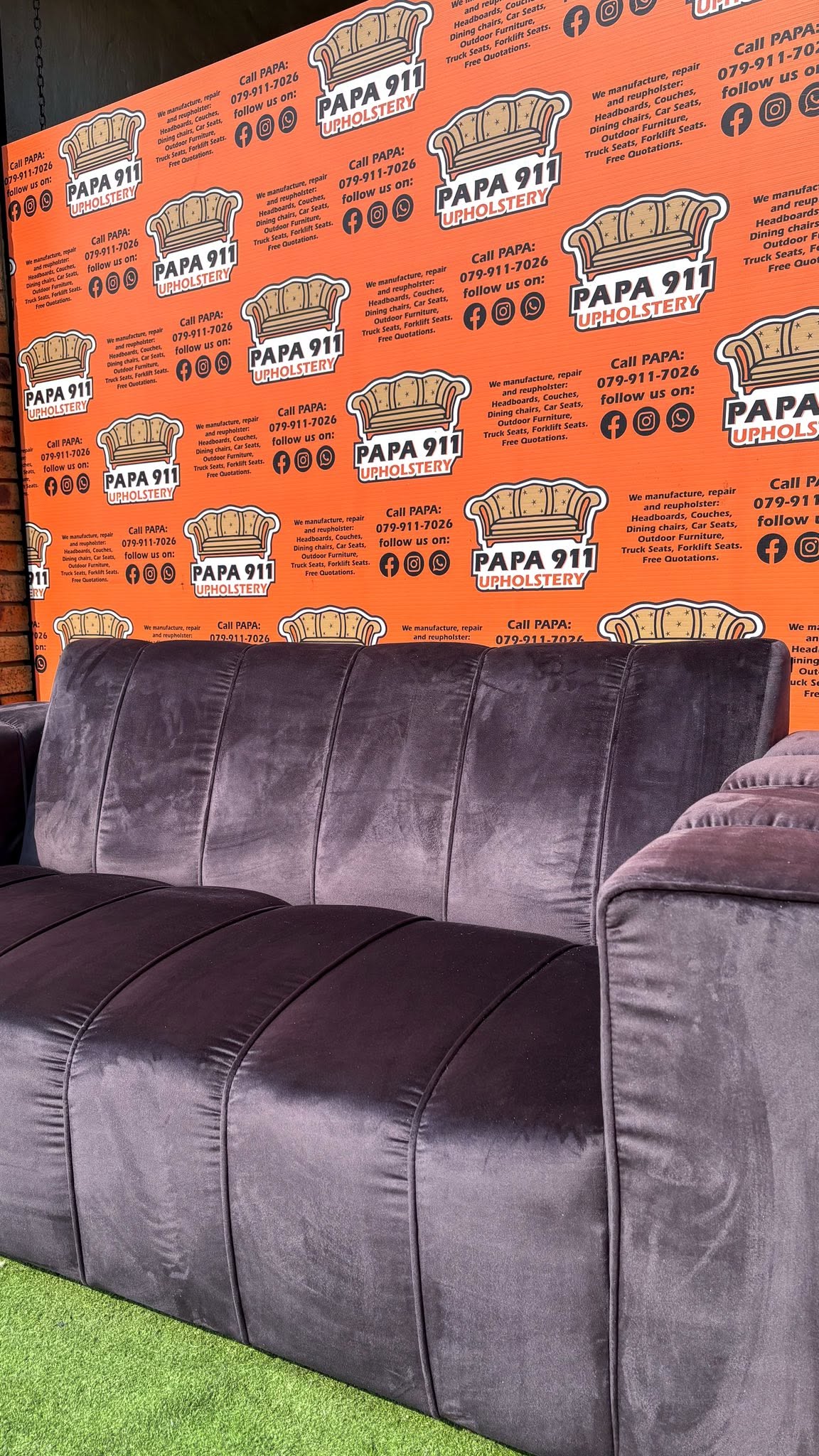 Charcoal velvet curved couch reupholstered by Papa911 Upholstery, Alrode South, Alberton
